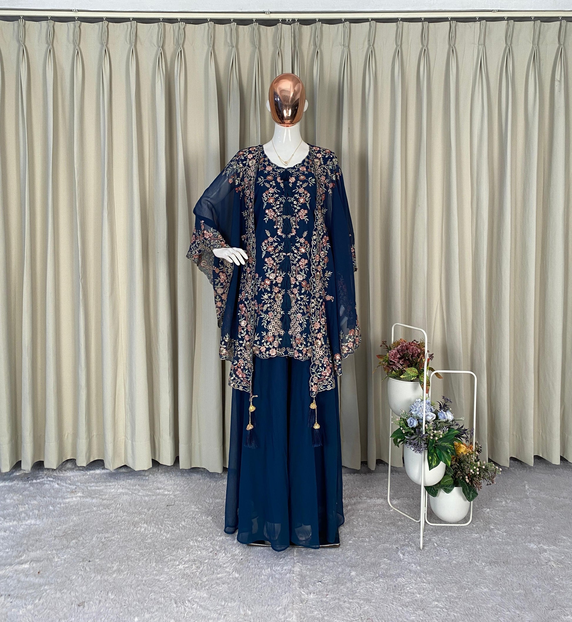 navy georgette ethnic set with embroidered shrug and modern plazzo style - WishTown Fashion Club
