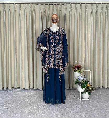 navy georgette ethnic set with embroidered shrug and modern plazzo style - WishTown Fashion Club