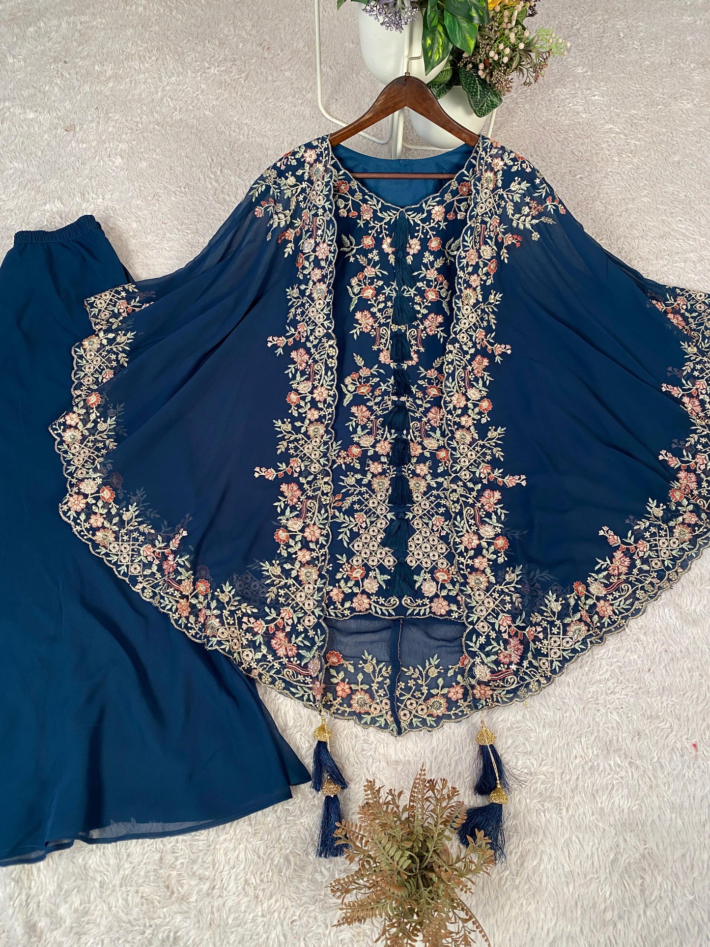 designer navy kurta set with sequence work and stylish shrug festive look - WishTown Fashion Club