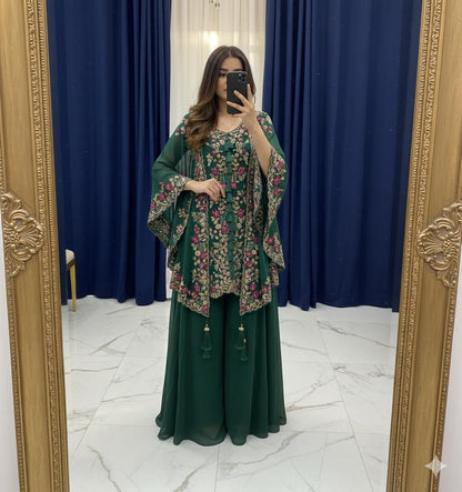 dark green kurta plazzo set with sequence embroidery and shrug festive outfit - WishTown Fashion Club