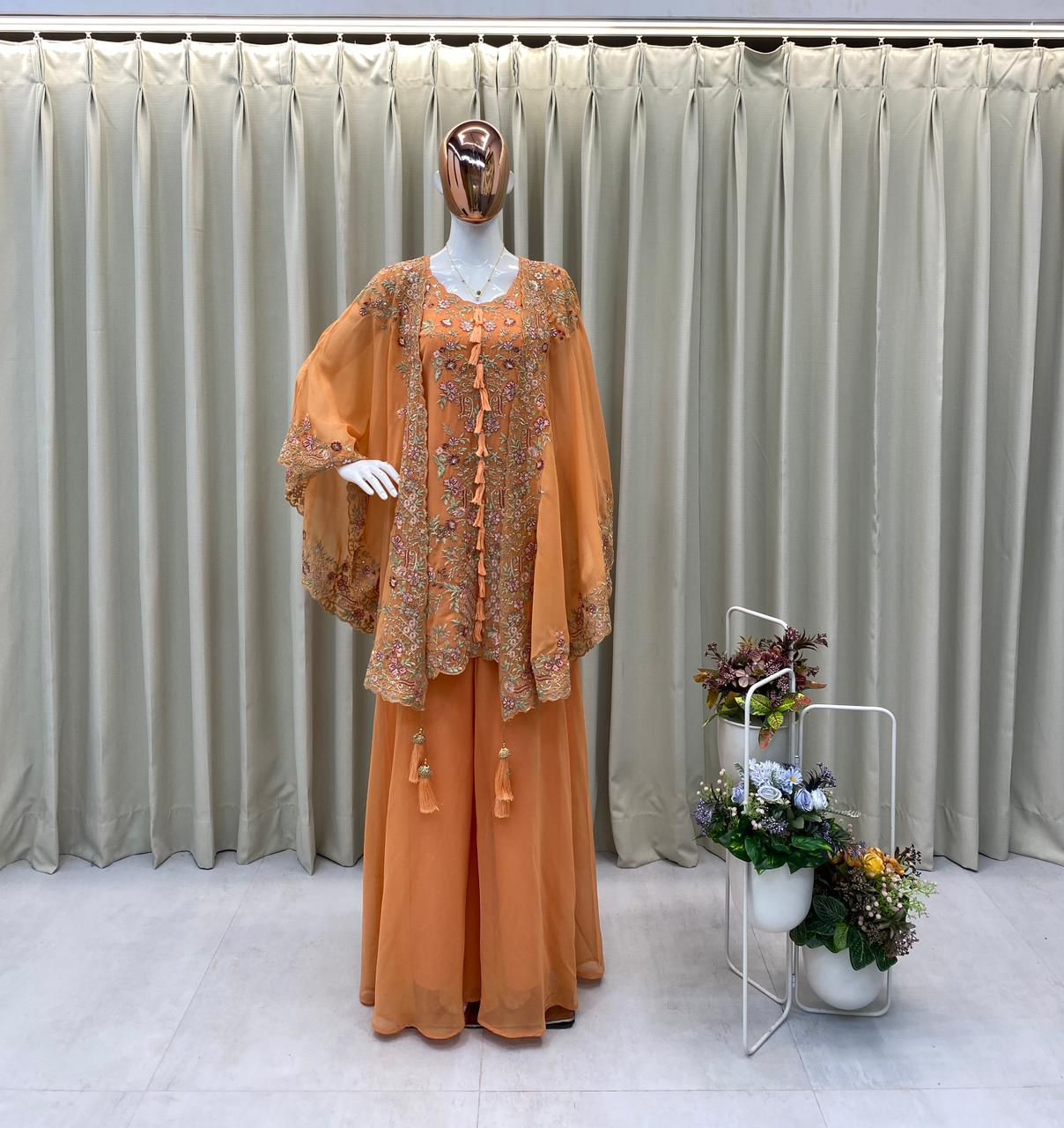 peach georgette ethnic set with embroidered shrug and stylish plazzo outfit - WishTown Fashion Club