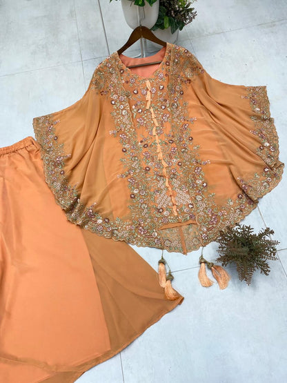 designer peach kurta set with sequence work and modern shrug festive look - WishTown Fashion Club