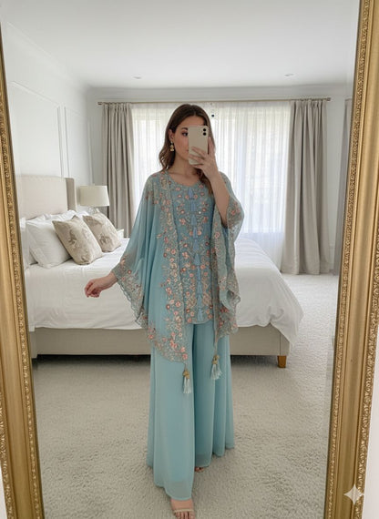 sky blue kurta plazzo set with sequence embroidery and shrug party wear - WishTown Fashion Club