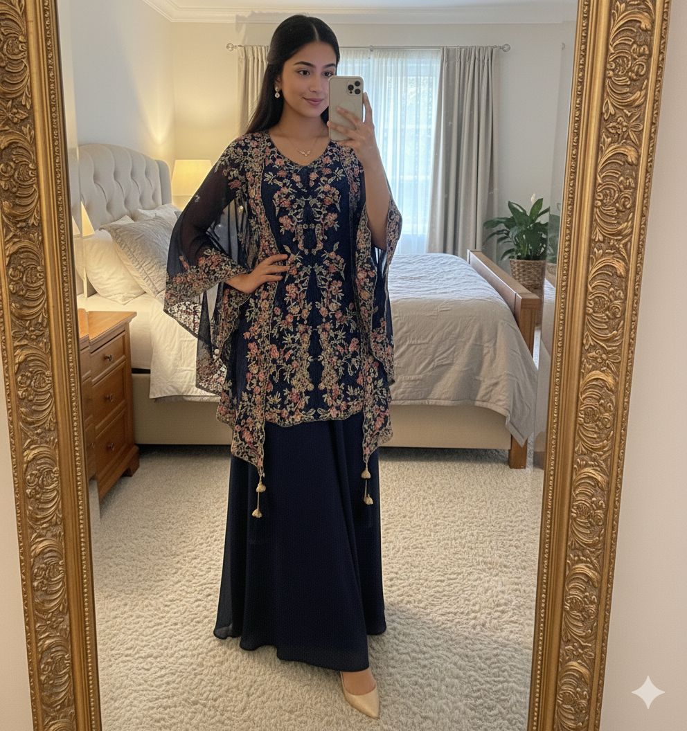 navy kurta plazzo set with sequence embroidery and shrug elegant party wear - WishTown Fashion Club