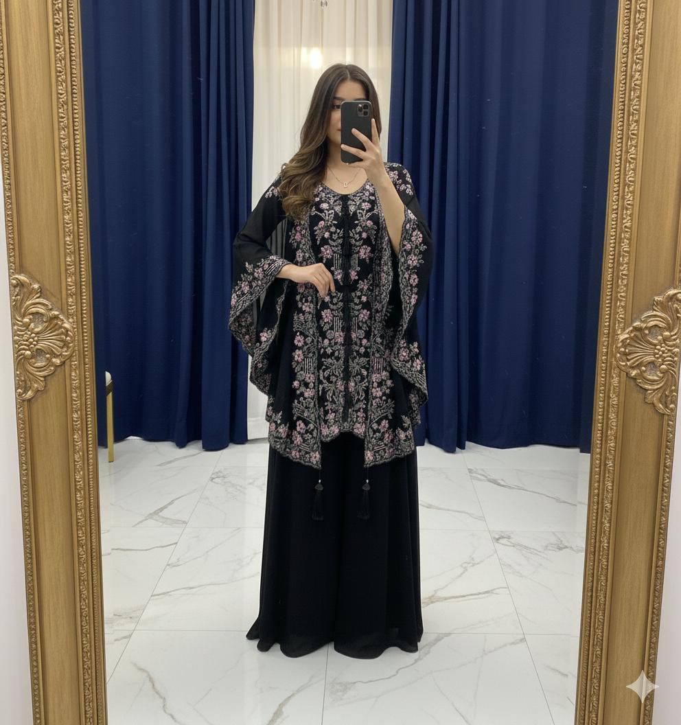 black kurta plazzo set with sequence embroidery and shrug designer party wear - WishTown Fashion Club