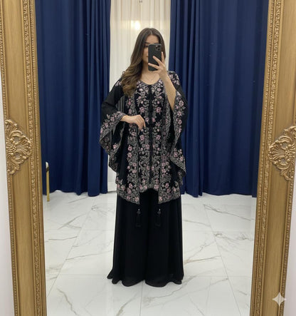 black kurta plazzo set with sequence embroidery and shrug designer party wear - WishTown Fashion Club
