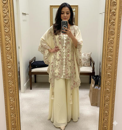off white kurta plazzo set with sequence embroidery and shrug elegant look - WishTown Fashion Club