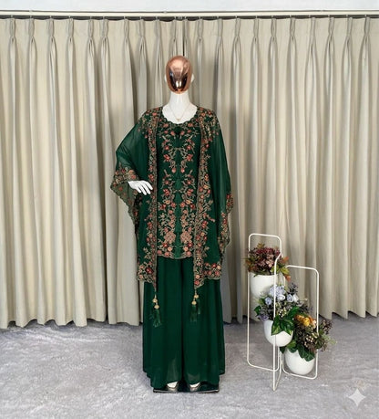 dark green georgette ethnic set with embroidered shrug and flowy plazzo - WishTown Fashion Club