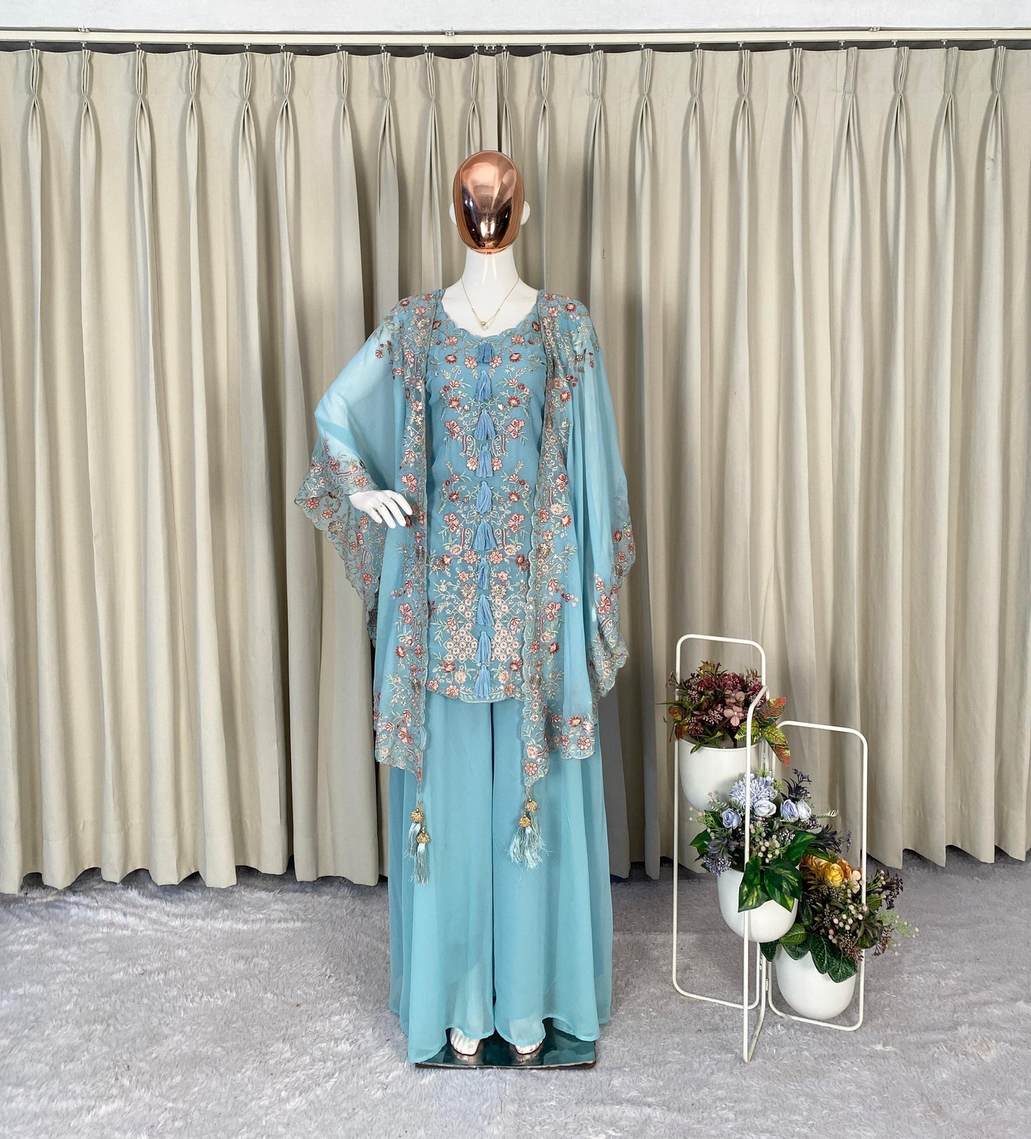 sky blue georgette ethnic set with embroidered shrug and flowy plazzo - WishTown Fashion Club
