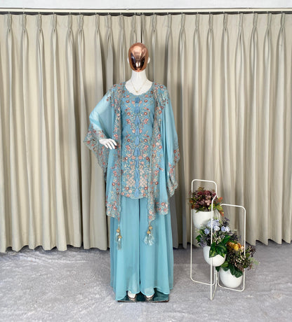 sky blue georgette ethnic set with embroidered shrug and flowy plazzo - WishTown Fashion Club