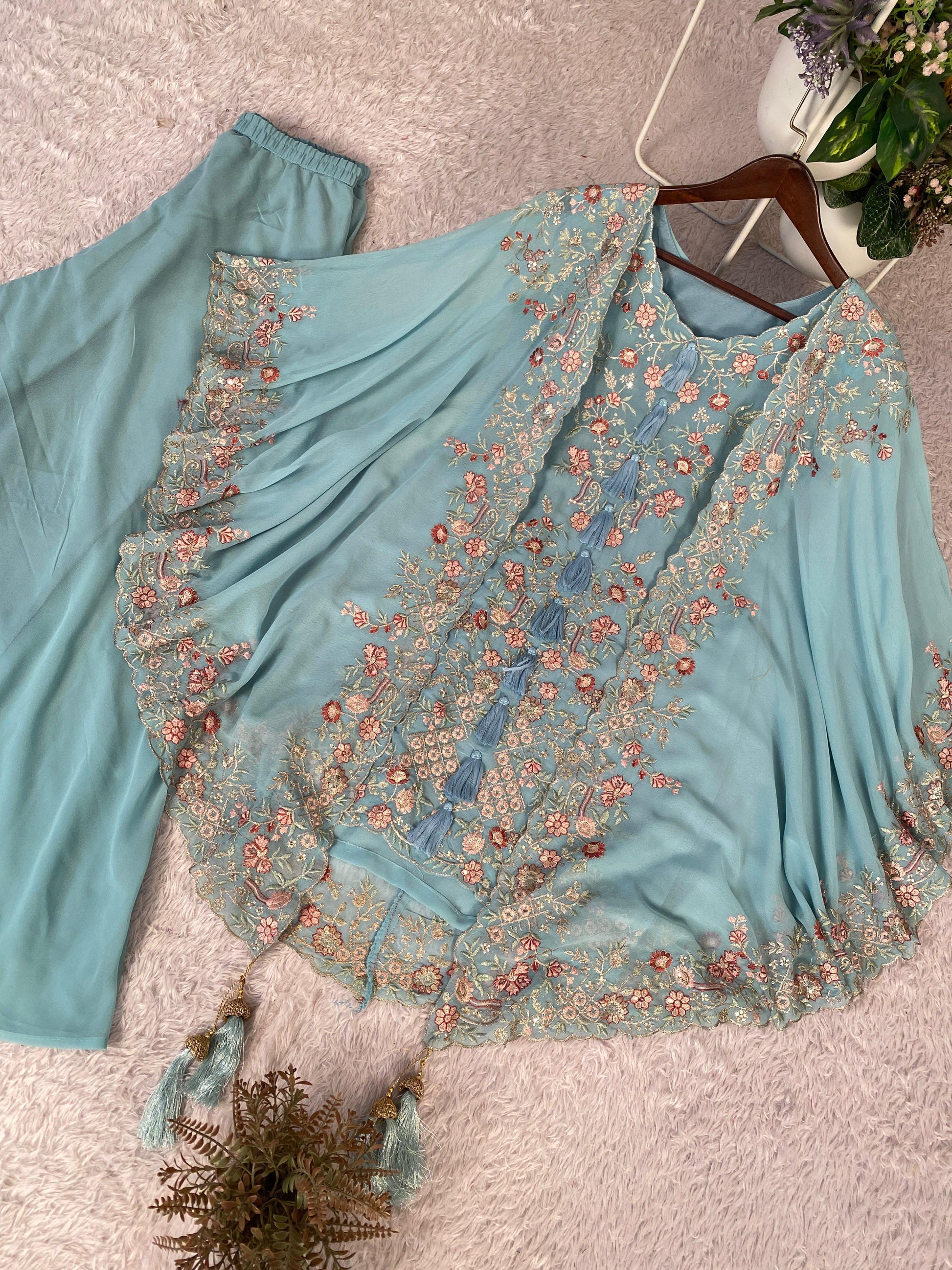 designer sky blue kurta set with sequence work stylish festive outfit - WishTown Fashion Club
