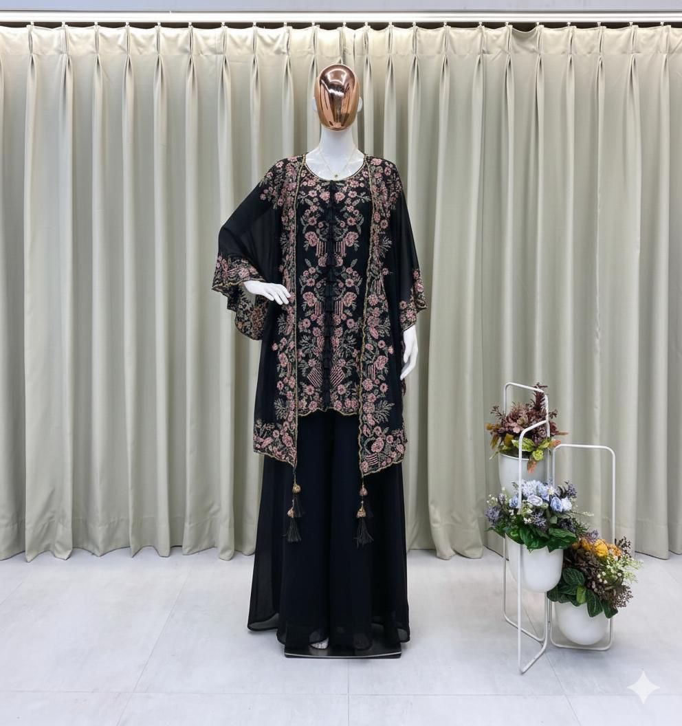 black georgette ethnic set with embroidered shrug and stylish plazzo outfit - WishTown Fashion Club