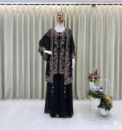 black georgette ethnic set with embroidered shrug and stylish plazzo outfit - WishTown Fashion Club