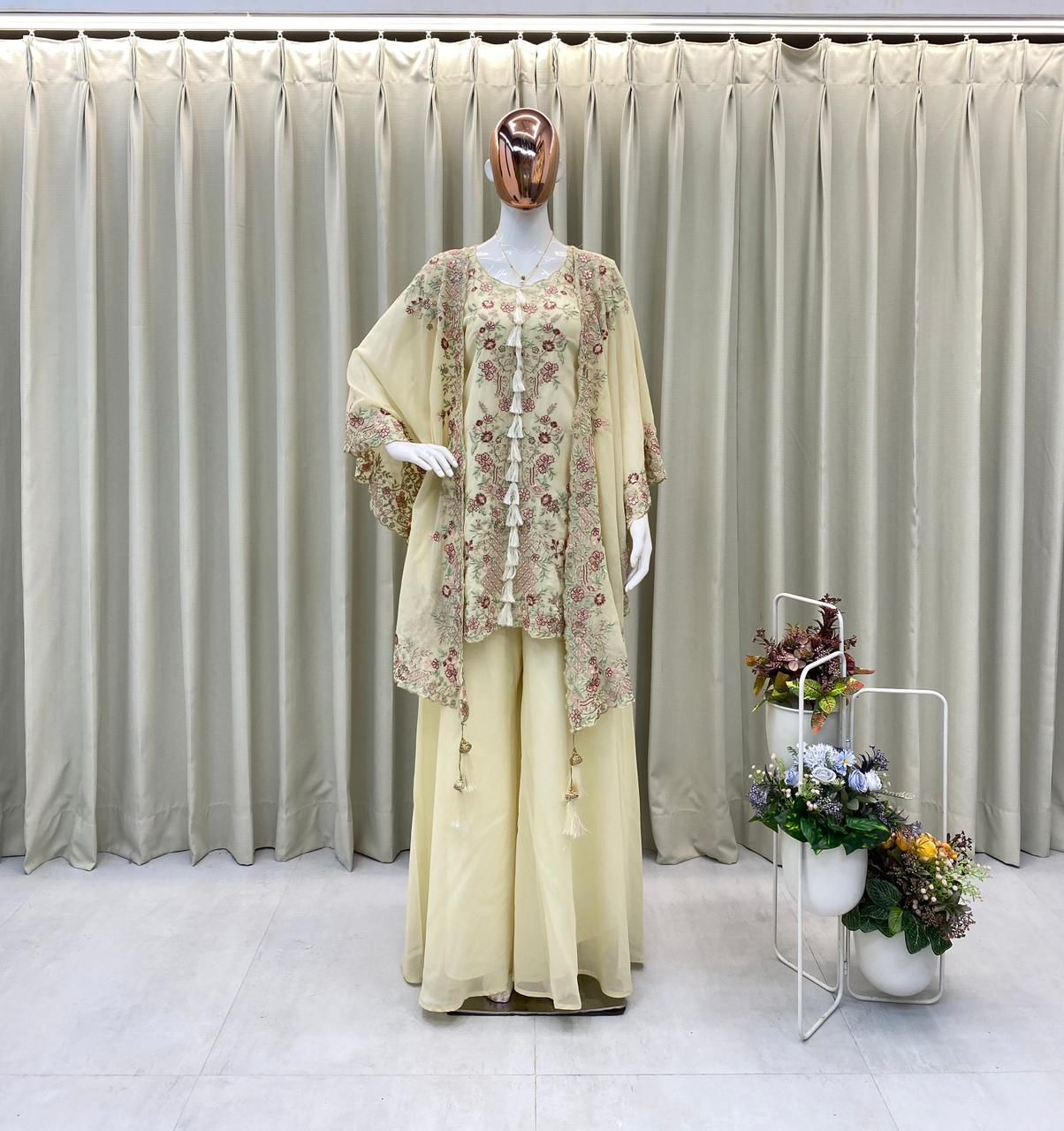 off white georgette ethnic set with embroidered shrug and stylish plazzo - WishTown Fashion Club