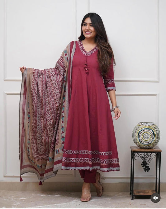 maroon anarkali kurti plazzo set with dupatta and heavy handwork festive wear - WishTown Fashion Club