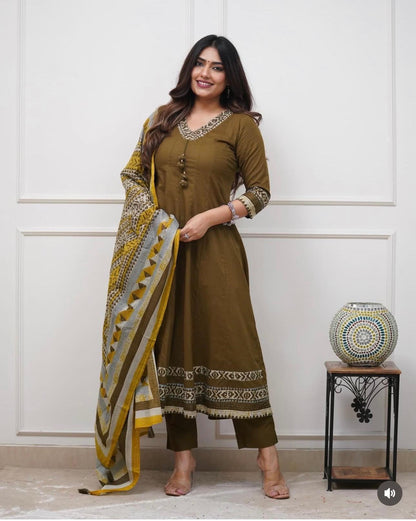 olive green anarkali kurti plazzo set with dupatta and handwork elegant outfit - WishTown Fashion Club