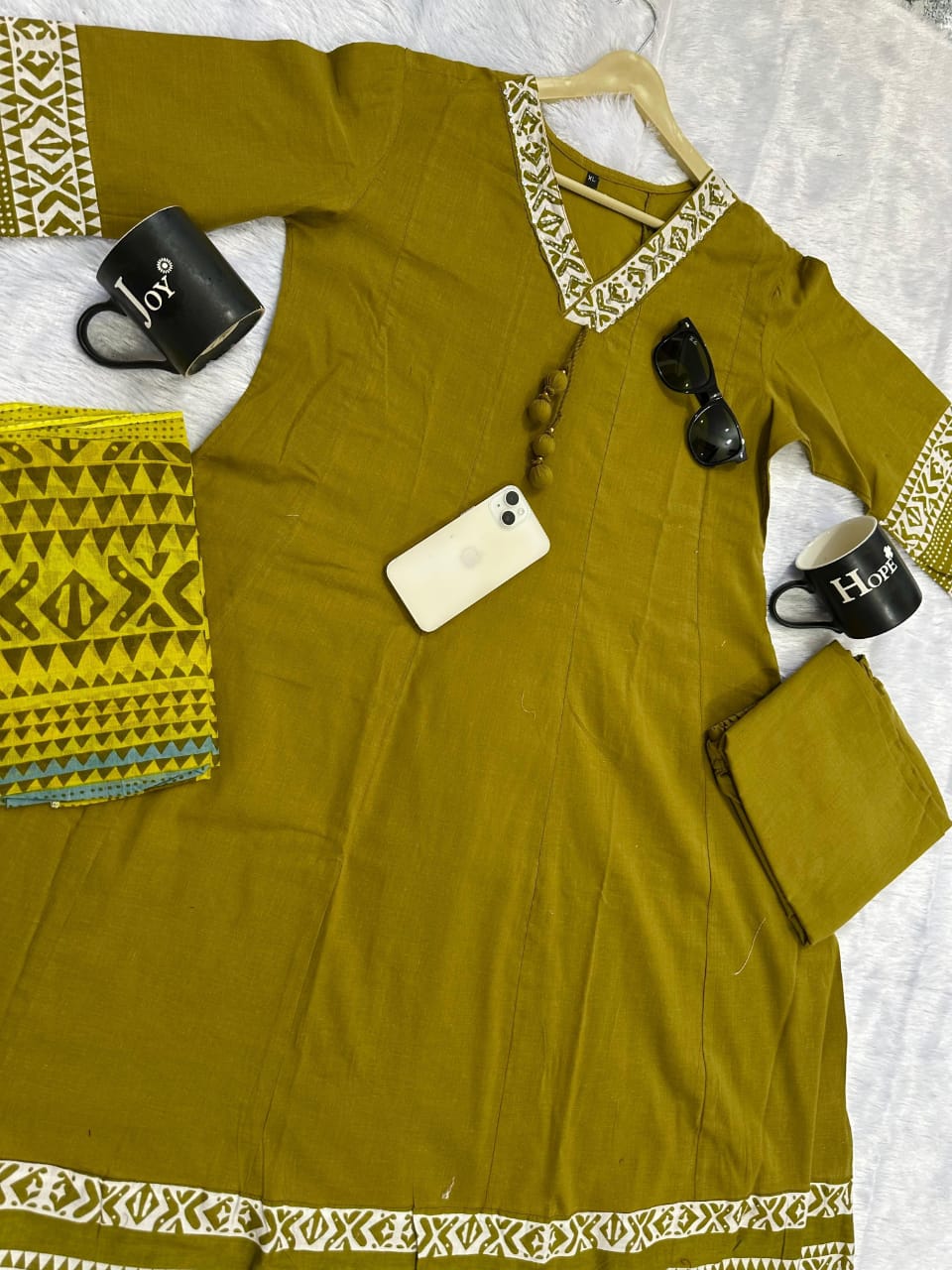 olive green cotton anarkali suit with detailed yoke work festive wear - WishTown Fashion Club