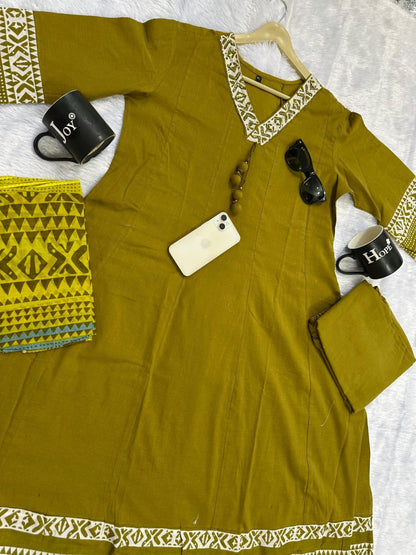 olive green cotton anarkali suit with detailed yoke work festive wear - WishTown Fashion Club