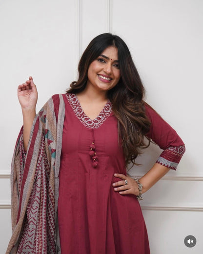 designer maroon kurti set with plazzo and dupatta stylish ethnic look - WishTown Fashion Club