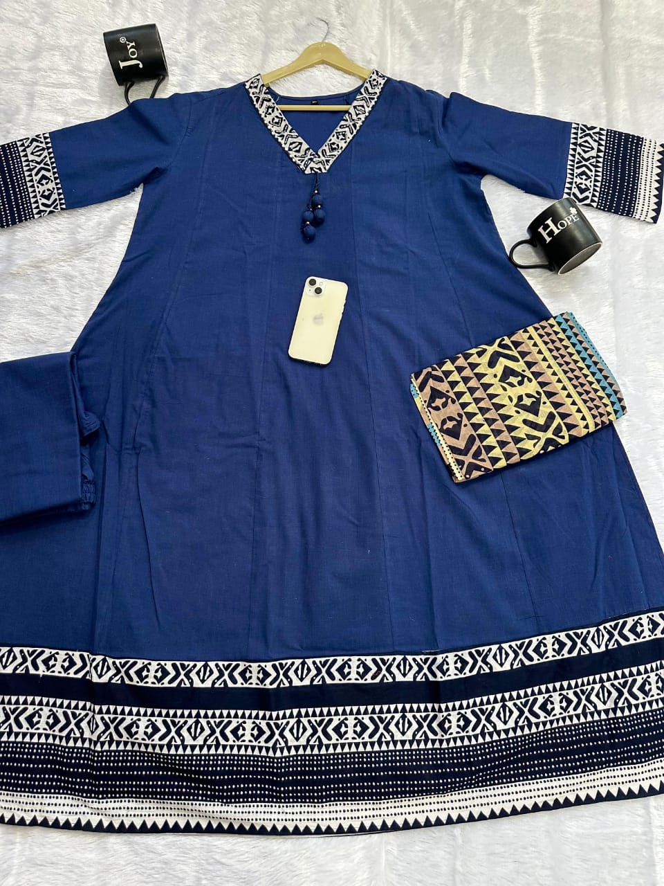 blue cotton anarkali suit with detailed yoke work and flowy festive look - WishTown Fashion Club