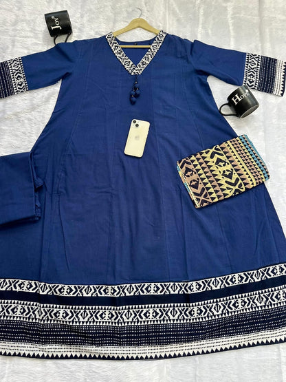 blue cotton anarkali suit with detailed yoke work and flowy festive look - WishTown Fashion Club