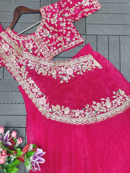 pink designer Crunshi lehenga with 3.5 meter flair and embroidered blouse - WishTown Fashion Club