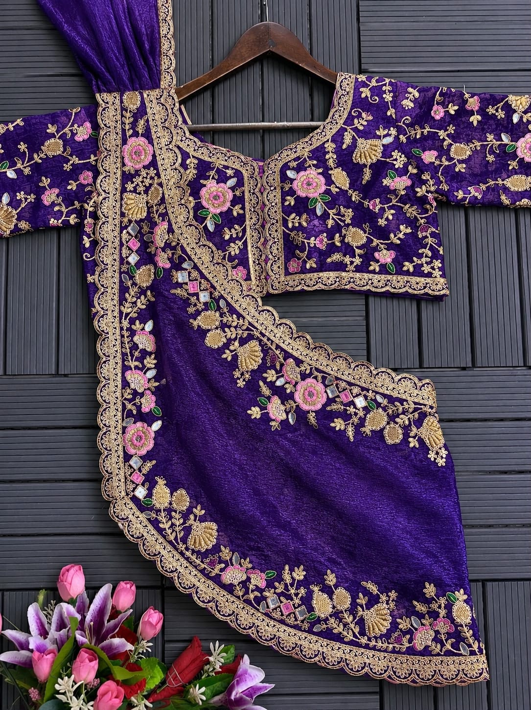 purple designer Crunshi lehenga with 3.5 meter flair and embroidered blouse - WishTown Fashion Club