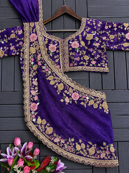 purple designer Crunshi lehenga with 3.5 meter flair and embroidered blouse - WishTown Fashion Club