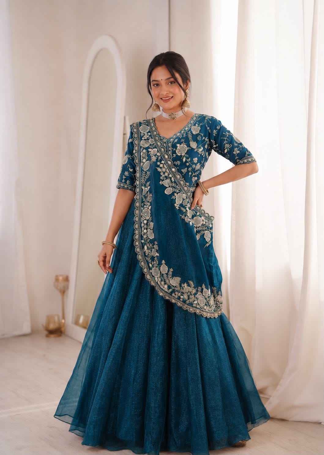 Teal blue embroidered lehenga choli set with sequence work and matching dupatta - WishTown Fashion Club