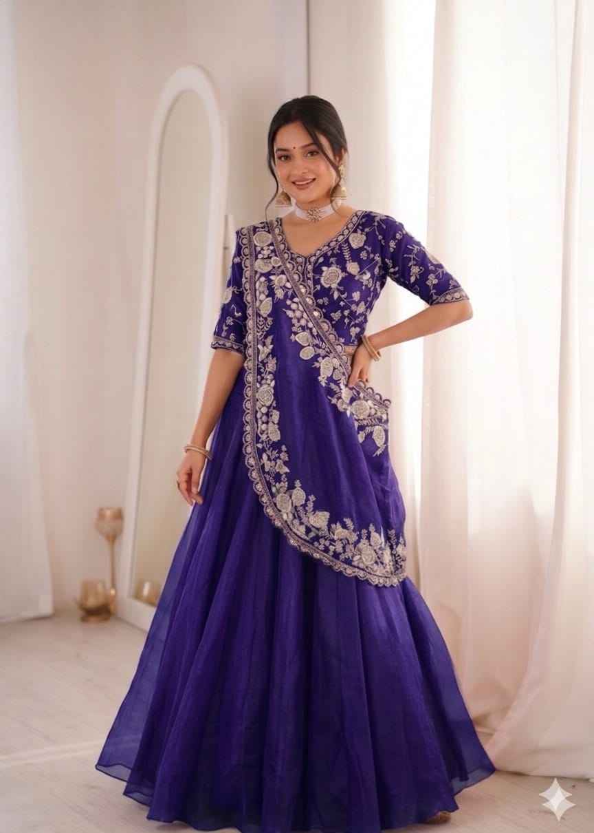 purple embroidered lehenga choli set with sequence work and matching dupatta - WishTown Fashion Club
