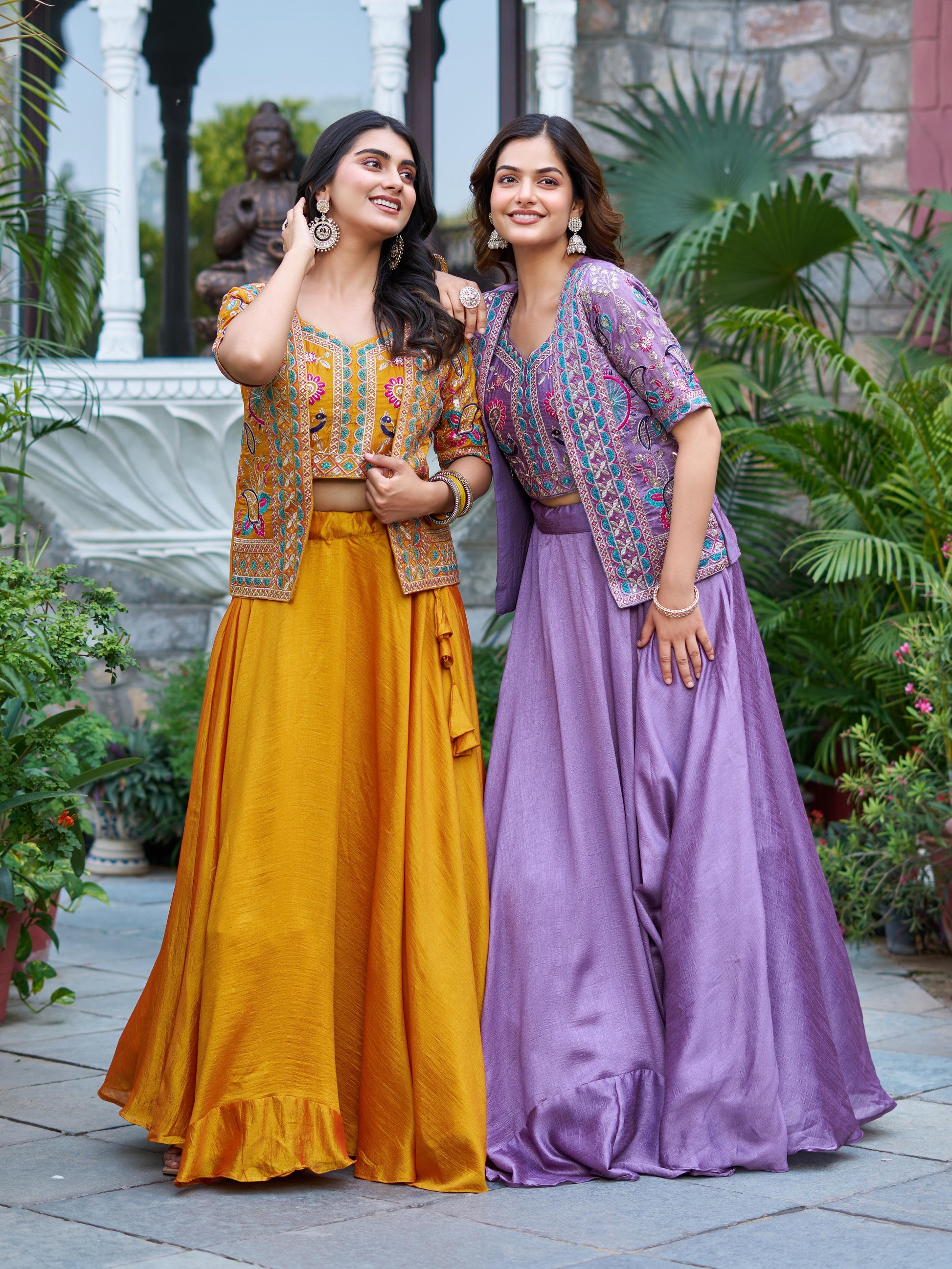 Elegant lavender traditional three piece suit displayed clearly to show jacket detailing and matching sizing options. Flat layout of mustard yellow jacket blouse and heavy flare traditional skirt displaying rich canvas texture.