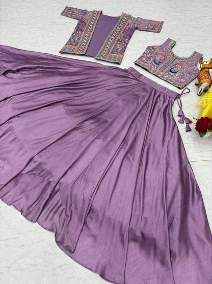 Macro view of delicate needlework and premium thread craftsmanship on smooth lavender festive attire fabric.