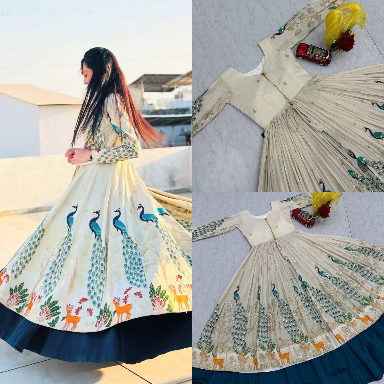 Flat layout presentation of a peacock blue traditional crop top jacket paired alongside a structured canvas layered vichitra silk skirt.