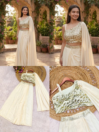 Side perspective highlighting the elegant pleated pre draped pallu fabric flowing gracefully over a cream traditional suit.