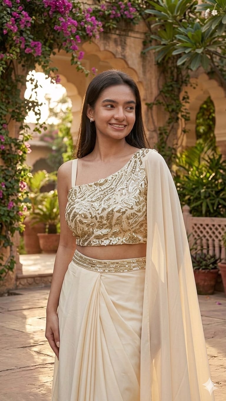 Back angle presentation of a fully stitched cream festive outfit showing smooth tailored lines and expandable sizing margins.