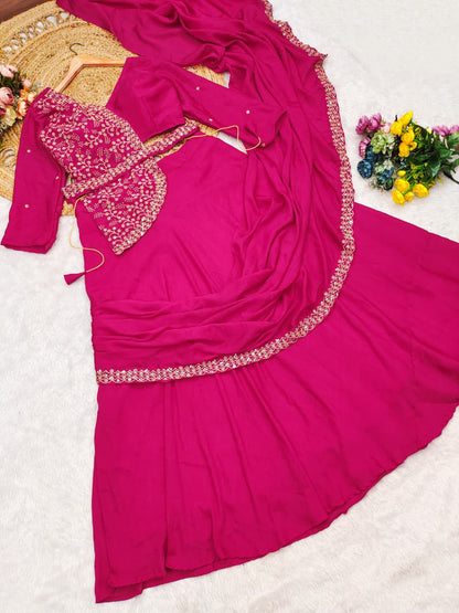 Back angle presentation of a fully stitched rani pink festive ensemble showing clean tailoring lines and a comfortable micro cotton inner lining.