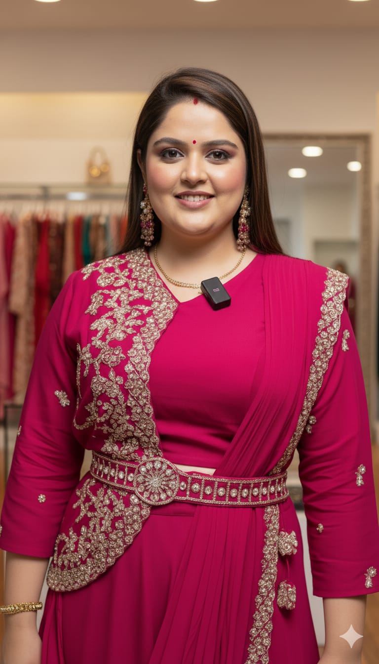 Detailed shot of the included rani pink embroidered belt accessory showcasing precise traditional thread work and adjustable structural fit.
