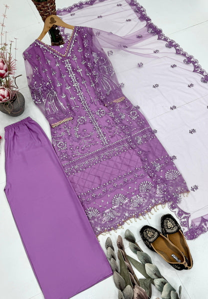 Elegant purple sheer dupatta with geometric chine sequence work and finished edges displayed clearly on a flat surface.
