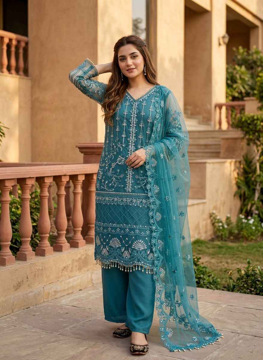 Soft Net Pearl Sharara Suit