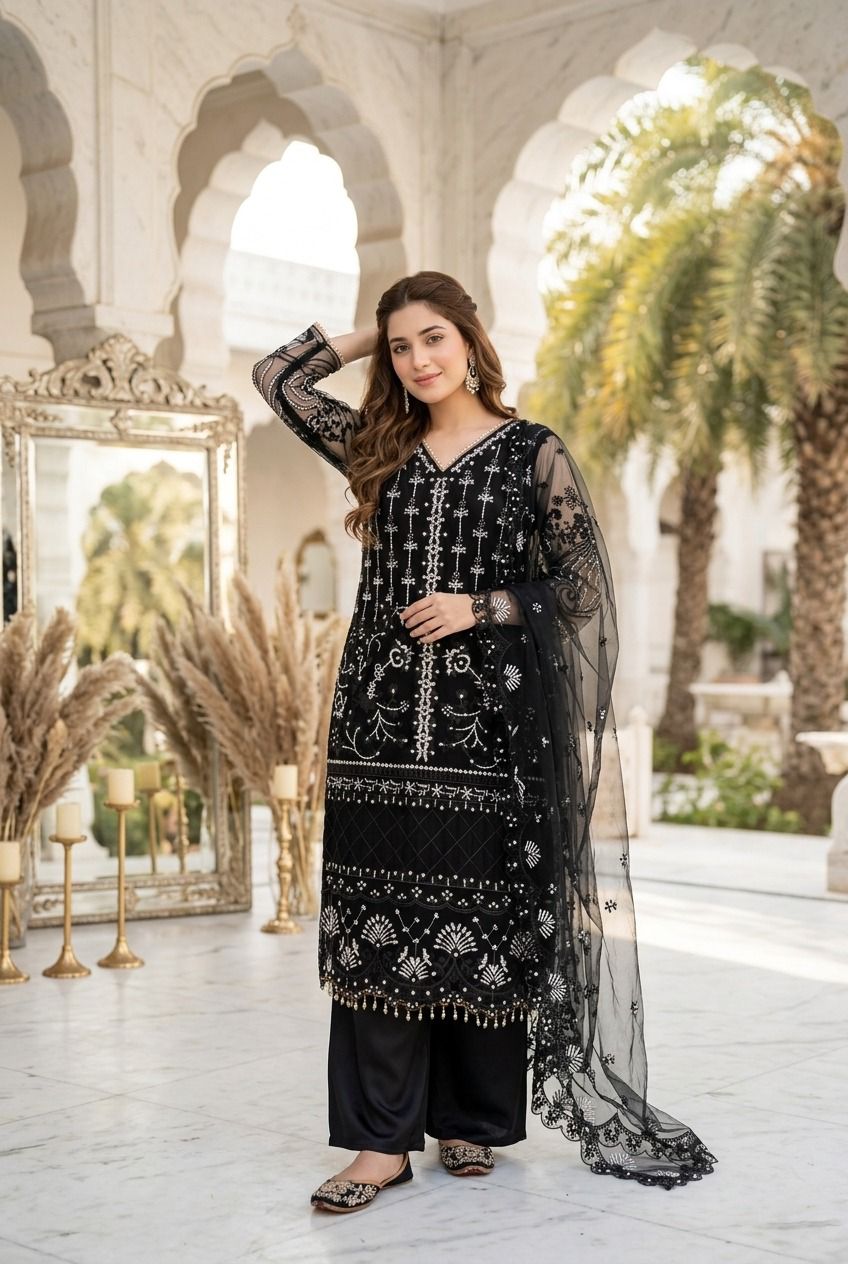 The brilliant sparkle of chine sequence details and the effortless fluid movement of the black suit.