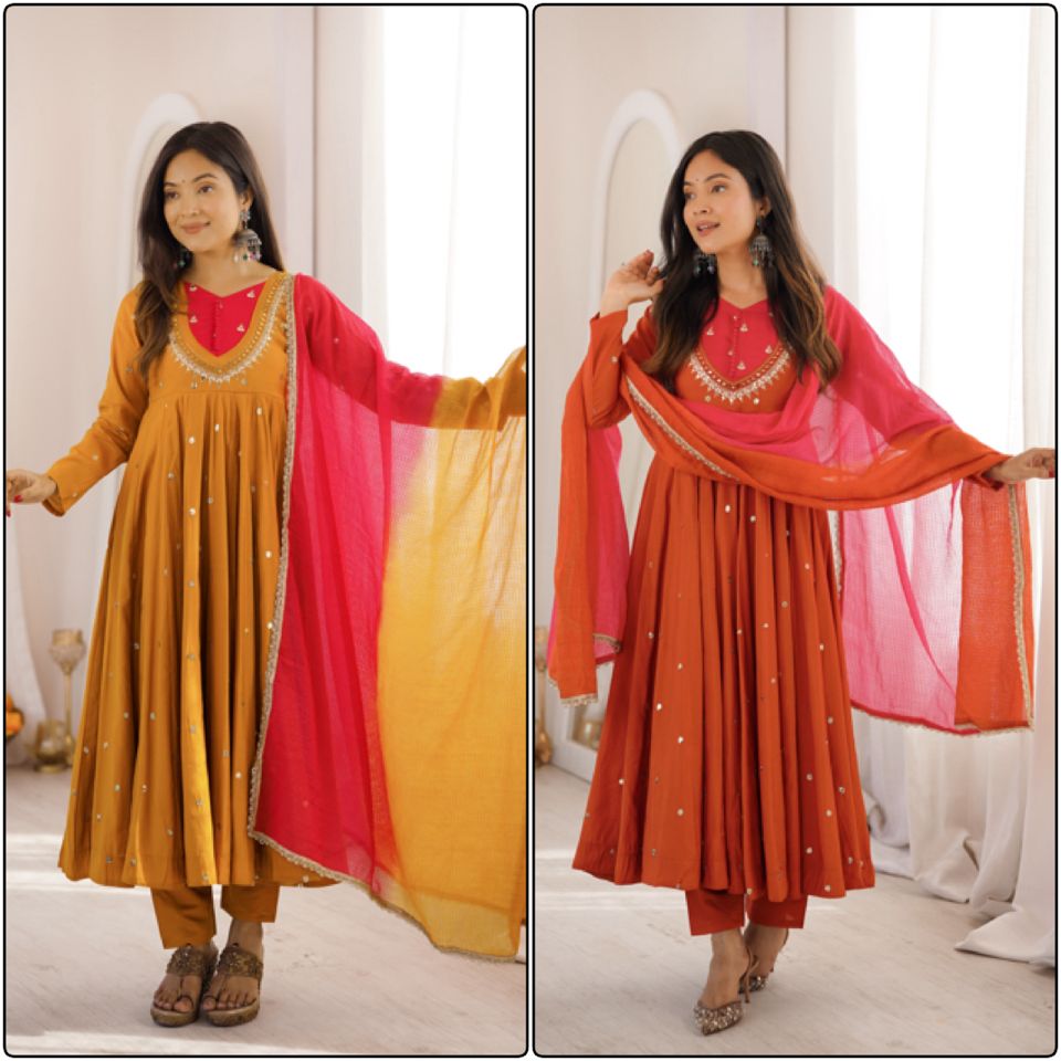 Full product presentation of a bright orange designer ethnic set showing exact layout proportions and comfortable micro cotton interior lining.