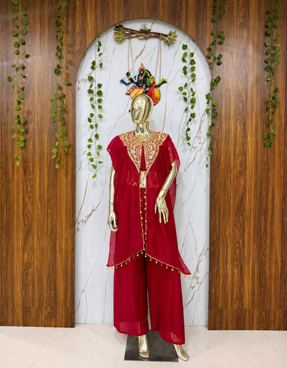 Close up view of 5mm sequins and zari embroidery work with handwork coin lace on red star georgette jacket - WishTown Fashion Club