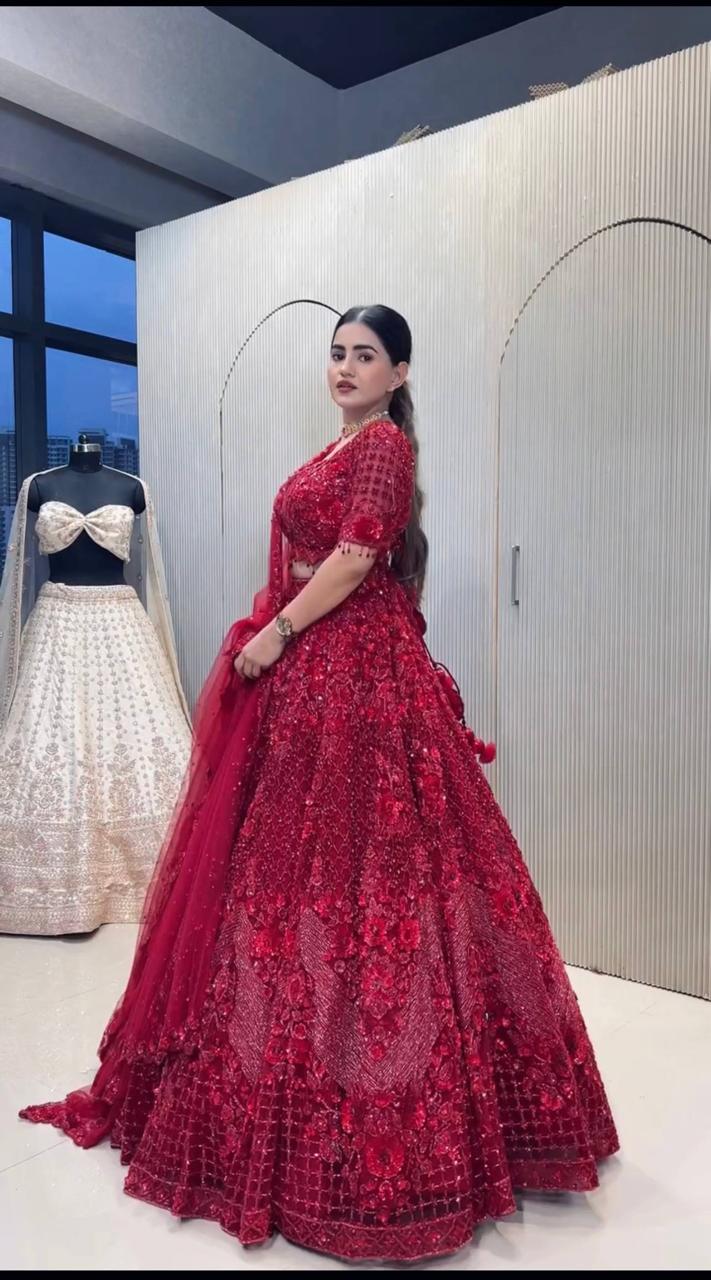 Full length shot showing dark pink net sequins pearl beads lehenga with structured can can volume - WishTown Fashion Club