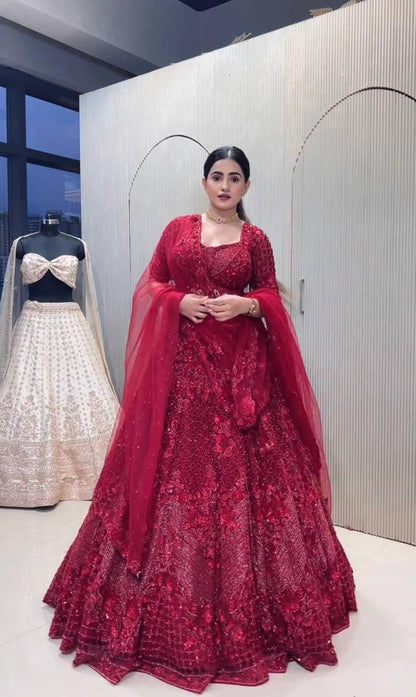 Side profile view of dark pink net lehenga showing graceful drape and three point five meter flair circumference - WishTown Fashion Club