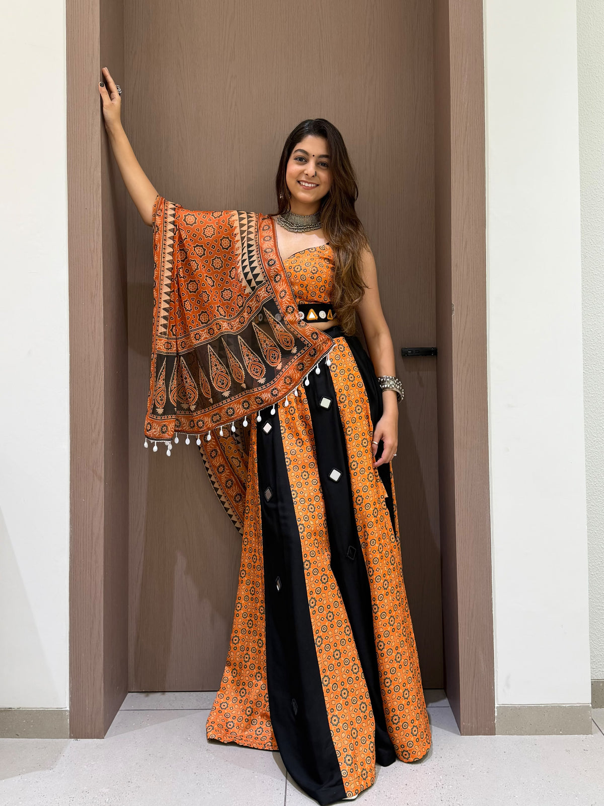 Full length shot of multi-colour 1 loomeera lehenga displaying forty-two inch height and graceful drape - WishTown Fashion Club