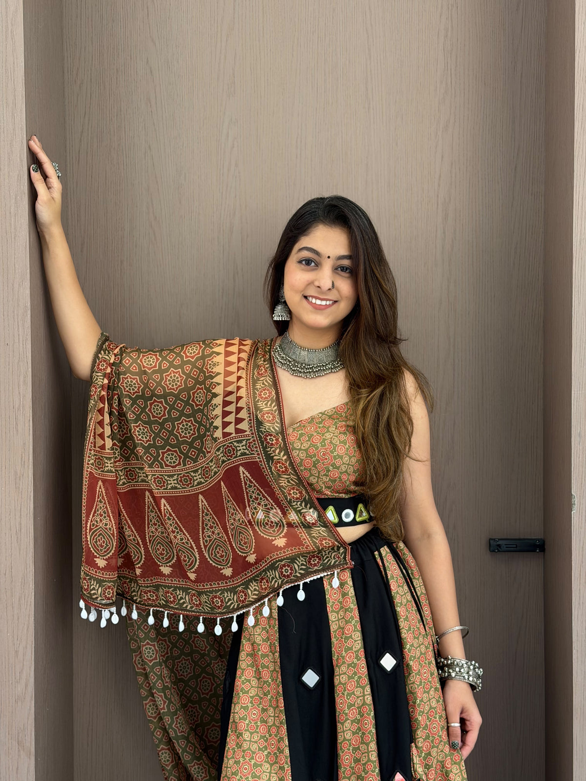Full length shot of multi-colour 3 loomeera lehenga displaying forty-two inch height and graceful volume - WishTown Fashion Club