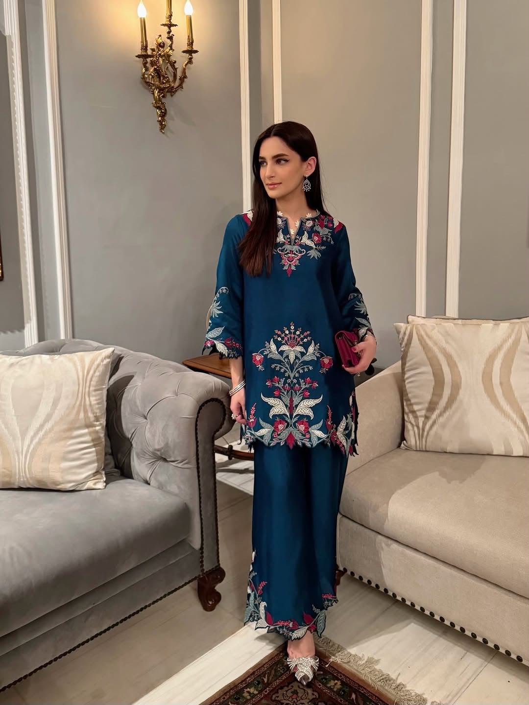 Front view of full two piece blue designer co ord set with cut work and embroidery detailing - WishTown Fashion Club