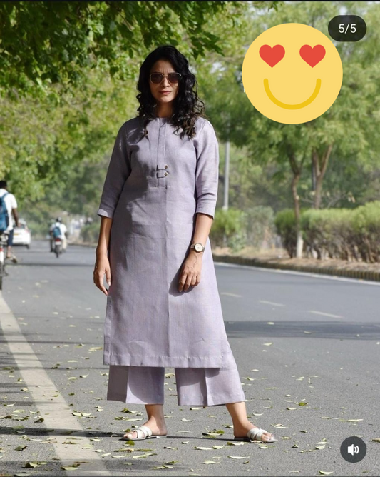 Grey premium cotton slub co ord set top and palazzo front view – WishTown Fashion Club