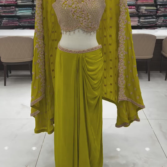 Women’s olive green designer three-piece set with embroidered blouse, stitched skirt and free-size shrug – WishTown Fashion Club