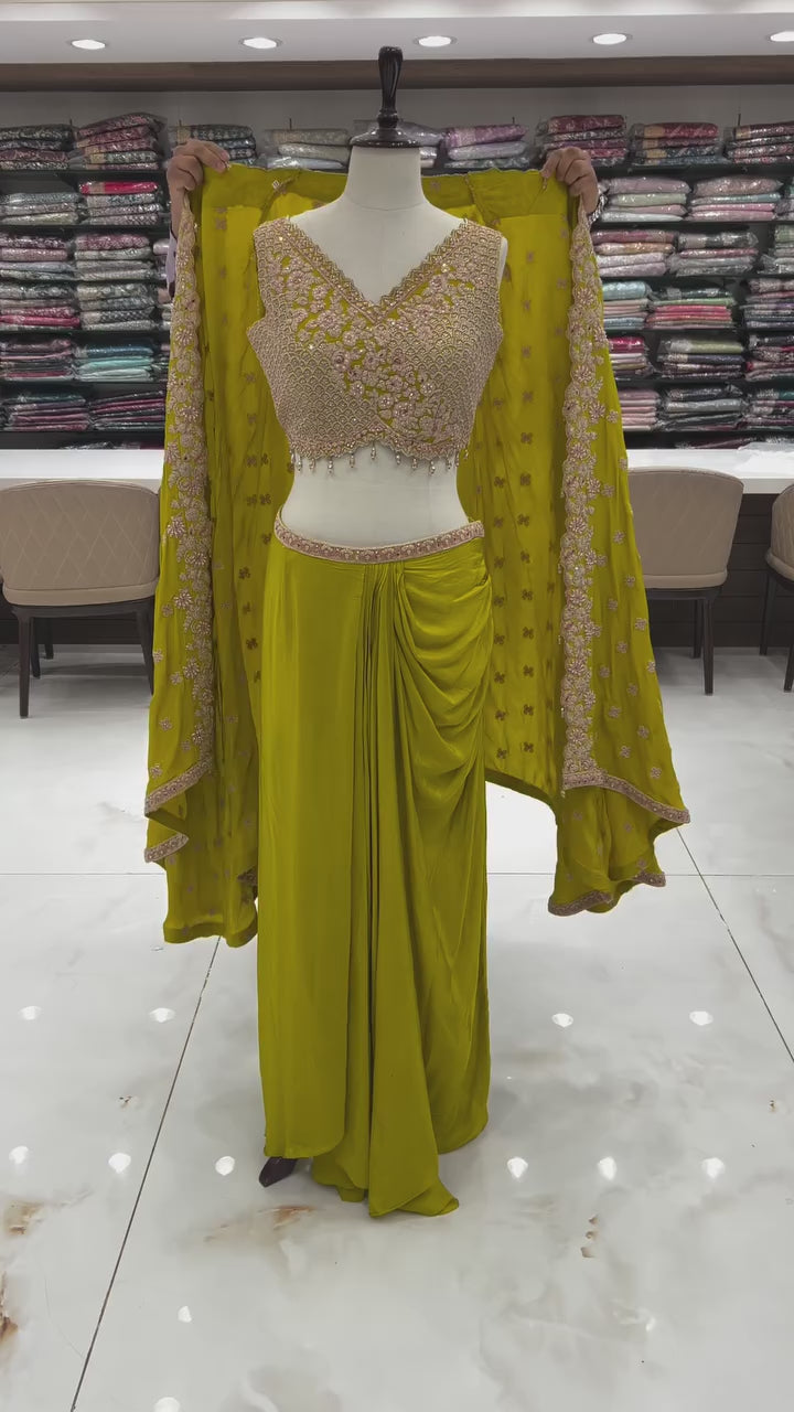 Women’s olive green designer three-piece set with embroidered blouse, stitched skirt and free-size shrug – WishTown Fashion Club